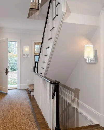 Miniatura 7 de 2 unidades de lámpara de pared para baño, lámpara de pared moderna para interior con pantallas de vidrio esmerilado color lino blanco y acabado