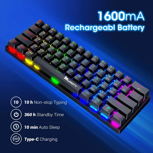 Miniatura 5 de Pauroty 60% Teclado mecánico inalámbrico, teclado de juego de triple modo 2.4G/USB-C/Bluetooth, retroiluminación RGB, interruptor azul clicky, Negro