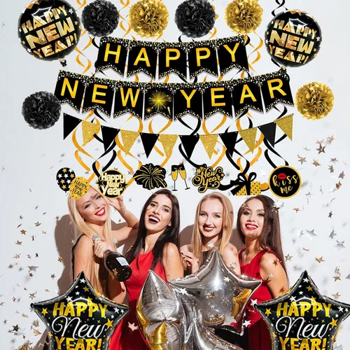 Miniatura 6 de Famoby Cartel de papel con texto en inglés «Happy New Year» con forma de triángulo, pompones y espirales para decoración de fiesta de Año Nuevo