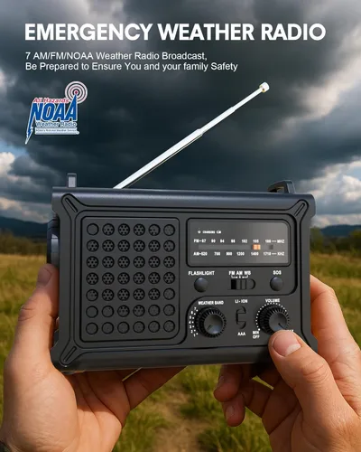 Miniatura 2 de OnLyee Radio de emergencia, radio meteorológica solar NOAA de manivela de 12000 mAh, radio AM/FM/WB con linterna LED de 5 W, luz de lectura, alarma