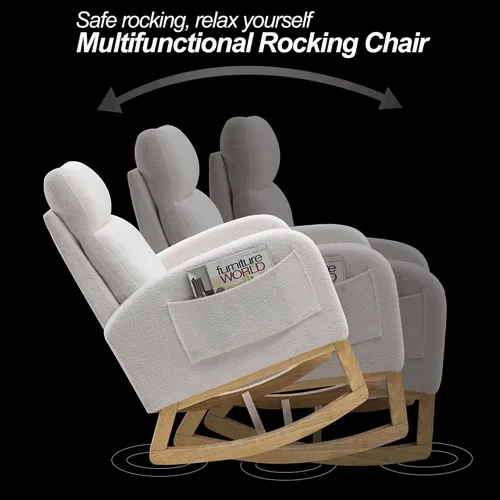 Miniatura 6 de Mecedora para guardería con patas de madera maciza, silla deslizante para guardería con dos bolsillos laterales, sillón mecedor para sala de estar