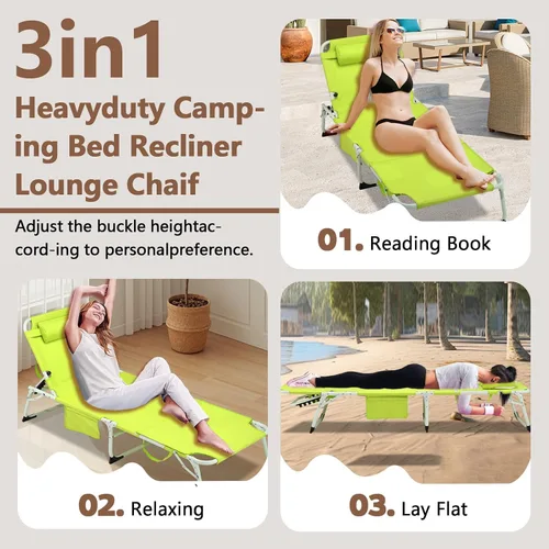 Miniatura 4 de Silla de bronceado resistente 3 en 1 con orificio para la cara, ajustable de 5 posiciones, sillas tumbonas plegables portátiles que se reclinan