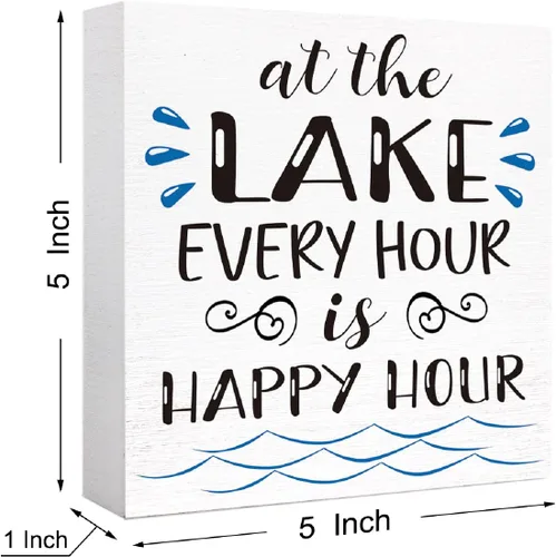 Miniatura 2 de Letrero de madera con texto en inglés "Lake Every Hour is Happy Hour", decoración de escritorio para el hogar, dormitorio, oficina, escritorio