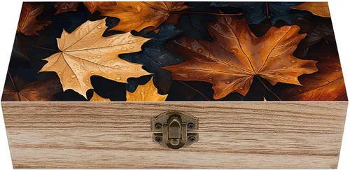 Caja de almacenamiento de madera de hoja de arce, caja de regalo de madera con tapa con bisagras, cajas de joyería decorativas vintage, caja de