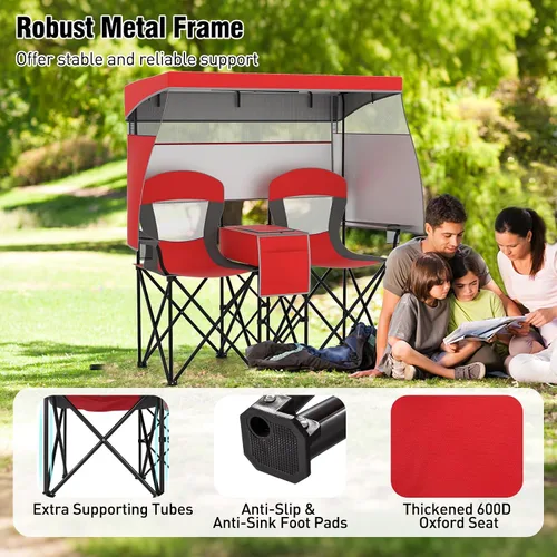 Miniatura 2 de S AFSTAR Silla de camping con toldo, silla de playa plegable para 2 personas con portavasos, cortinas de sombreado de 3 lados y bolsa enfriadora