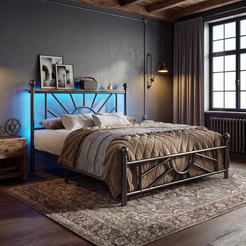 Miniatura 24 de Homkdom Marco de cama de plataforma de metal tamaño Queen de 14 pulgadas con cabecero, marco de cama victoriano Queen con almacenamiento debajo