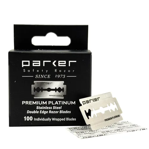 Parker Premium Platinum - Cuchillas de afeitar de seguridad de doble filo, paquete de 100 unidades, acero sueco, revestimiento de platino, tungsteno