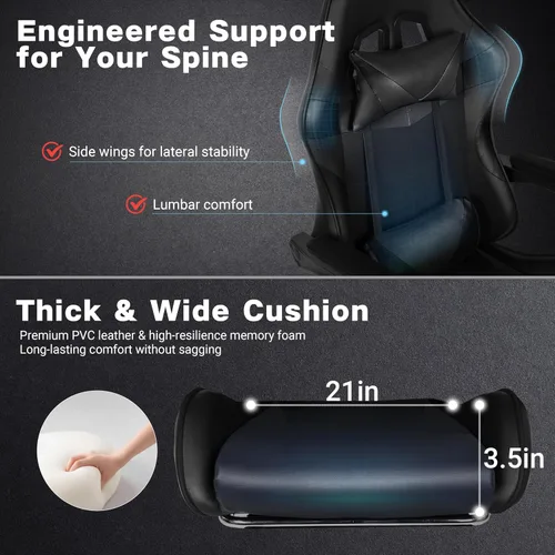 Miniatura 5 de Silla de juegos, silla ergonómica para computadora con reposapiés y soporte lumbar, silla de oficina ajustable en altura con asiento giratorio