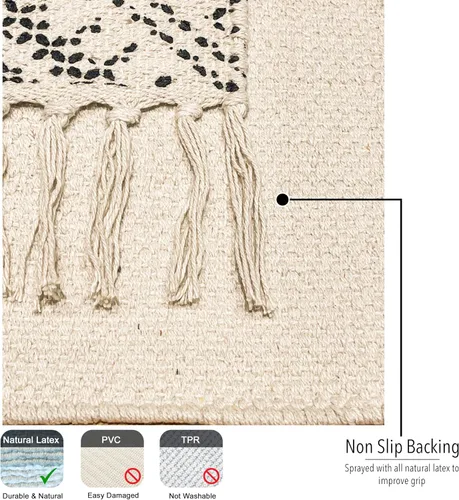 Miniatura 6 de Chardin home Alfombra bohemia con diamantes de 20 x 32 pulgadas, color marfil y negro, con flecos tejidos a mano, perfecta para entrada, felpudo