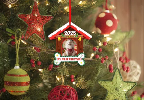 Miniatura 2 de FLYAB Adornos de la primera Navidad de Perros 2025-3.5 x 3.3 pulgadas, marco de fotos de perro acrílico, adorno personalizado para cachorro, adorno