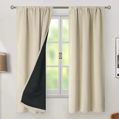 Miniatura 2 de BGment Cortinas 100% opacas beige de 63 pulgadas de largo con forro aislante térmico, bolsillo para varilla y lengüeta trasera de doble capa