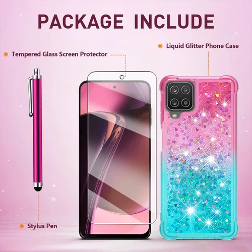 Miniatura 5 de Funda para Galaxy A12 con protector de pantalla de vidrio templado, con purpurina flotante líquida y brillante para mujeres y niñas, silicona TPU