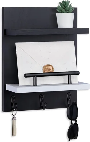Miniatura 10 de Soporte de pared para llaves, decoración de estante de correo con 3 ganchos para llaves, organizador de pared de madera versátil para entrada