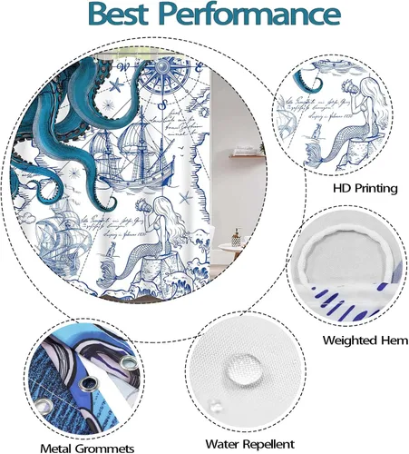 Miniatura 6 de Fungarth Cortina de ducha de pulpo náutico azul, sirena azul marino, divertida cortina de ducha estilo kraken del océano para baño, ancla fresca