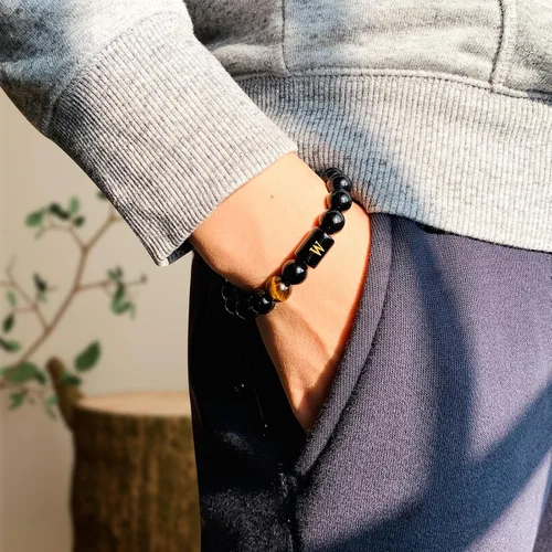 Miniatura 116 de SUMMER LOVE Regalos para el Día del Padre, pulsera con inicial de piedra de ónix negro de 0.394 pulgadas para hombres, pulsera de cuerda trenzada