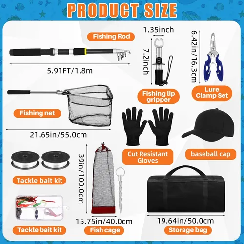 Miniatura 2 de Combo de caña de pescar telescópica y carrete de 2 piezas, kit de caña de pescar plegable con alicates para labios, señuelos, bolsa de transporte