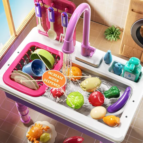 Miniatura 7 de JUKUDAHU Fregadero de juegos con agua corriente, fregadero de juguetes de cocina para niños de 3, 4, 5, 6, 7 años, lavavajillas eléctrico, juego
