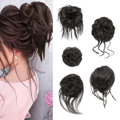 Miniatura 10 de 5 piezas de extensiones de cabello para moños desordenados con banda elástica de goma para mujeres, extensiones de cola de caballo con horquillas