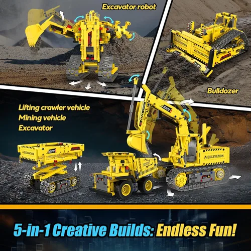 Miniatura 5 de Kits de Construcción de Robots, Juguetes STEM 5-en-1 para Niños de 8-14 años, Excavadora de Control Remoto y APP para Niños, Juegos de Construcción