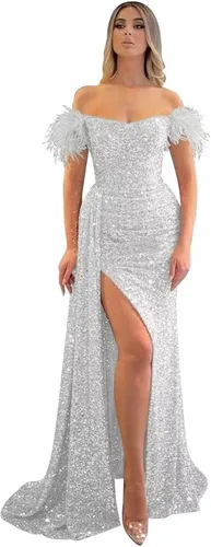 Miniatura 30 de Vestidos de fiesta de lentejuelas con hombros descubiertos, vestido formal de sirena brillante, vestido largo de fiesta de noche con abertura