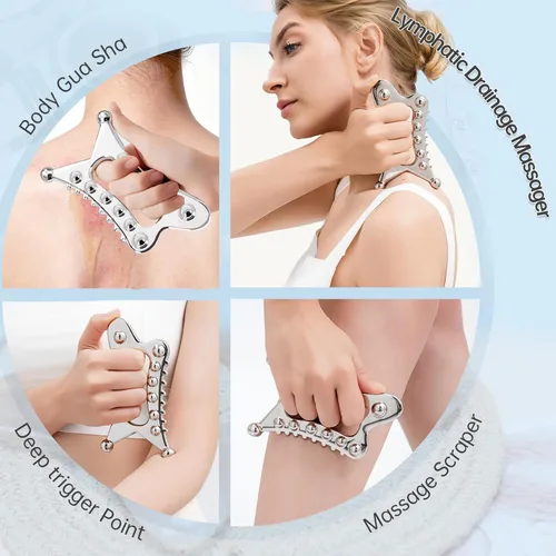 Miniatura 2 de Herramienta de raspador muscular Gua Sha de acero inoxidable, herramienta 5 en 1 para fascia, masajeador de drenaje linfático para cuidado personal