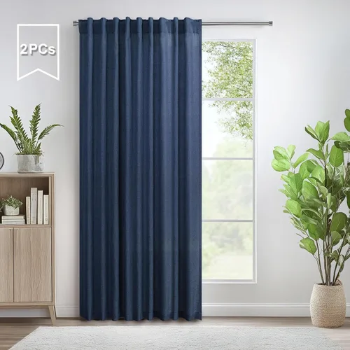 Miniatura 72 de Cortinas de lino azul de 84 pulgadas de largo para sala de estar; juego de 2 paneles con lengüeta trasera; cortinas con dobladillo para barra; Azul