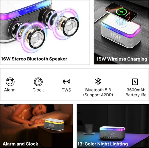 Miniatura 2 de Altavoz Bluetooth S300, altavoz portátil inalámbrico con carga inalámbrica de 15 W, luz nocturna de 13 colores, alarma, estéreo de 16 W, TWS, BT5.3