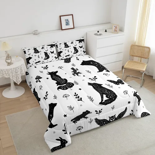Miniatura 4 de Juego de ropa de cama matrimonial con diseño de bosques para niños y niñas, juego de edredón con diseño botánico de animales, estilo escandinavo