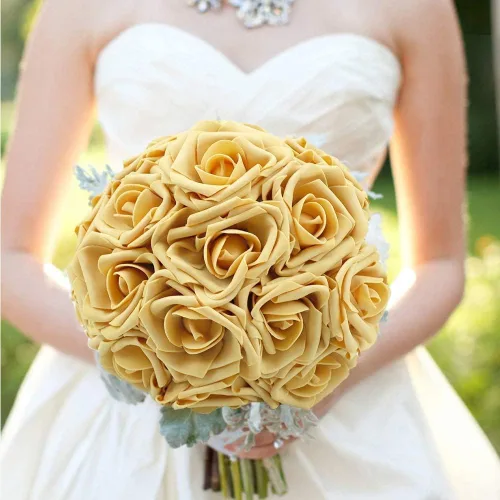 Miniatura 4 de Higfra Flores artificiales, 25 unidades, rosas falsas de espuma dorada de aspecto real con tallos para ramos de boda, centros de mesa de despedida