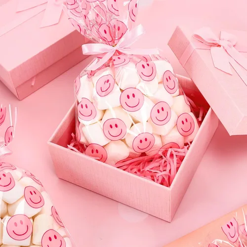 Miniatura 3 de Whaline 100 bolsas de celofán con patrón de sonrisa rosa con cintas, bolsas de golosinas para celofán con sonrisas, bolsas de golosinas
