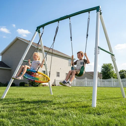 Hapfan Juego de columpios de 7.5 pies de alto para patio trasero, juego de columpio de metal resistente de 500 libras para niños y adultos con Verde