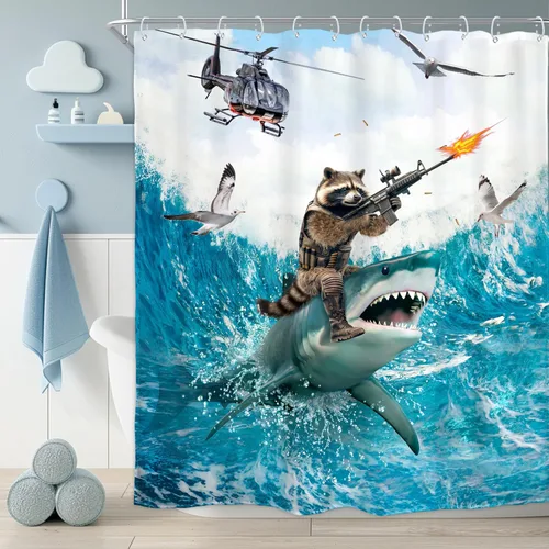 Miniatura 24 de Divertida cortina de ducha con diseño de gato de surf, tiburón, divertida, náutico, océano, océano, mar, ondas, animales, novedad, 72 pulgadas