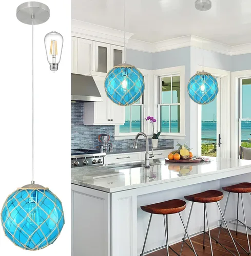 Lámpara colgante costera azul de 10 pulgadas para isla de cocina, lámpara de techo con globo de vidrio oceánico para casa de playa, lámpara colgante