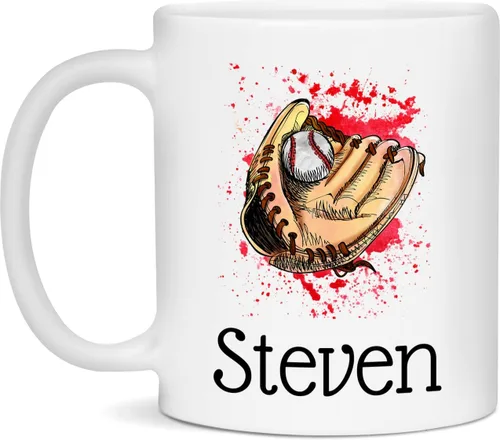 Taza de béisbol personalizada con nombre personalizado, ilustración de acuarela para Steven, taza Steven, taza de 11 onzas