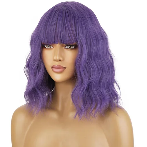 Miniatura 45 de BERON 14 Inches Ash Blonde Wig with Bangs Short Curly Wig Short Ash Blonde Bob Synthetic Wigs for Women Daily Halloween Party or Cosplay Hairnet