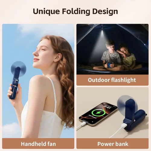Miniatura 4 de Mini ventilador de mano, recargable por USB, 3 en 1, ventilador personal con cargador de batería, linterna LED, pequeño ventilador de bolsillo Azul