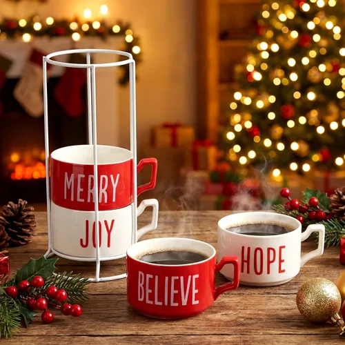 Miniatura 4 de Sliner Juego de 4 tazas de café grandes apilables de Navidad de 10 onzas con estante de porcelana, tazas de café de cerámica con soporte de metal