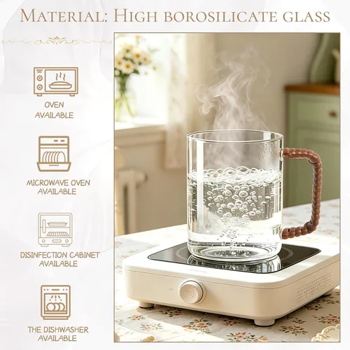 Miniatura 4 de Juego de 2 tazas de café de vidrio de borosilicato transparente de 16 onzas con mango tejido estilo ratán, taza de café de granja para café