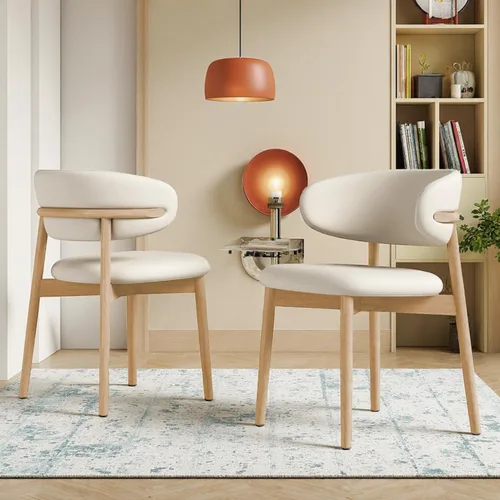 Miniatura 11 de Montary Juego de 2 sillas de comedor, modernas sillas de comedor con patas de acero dorado, elegantes sillas de piel sintética beige con respaldo