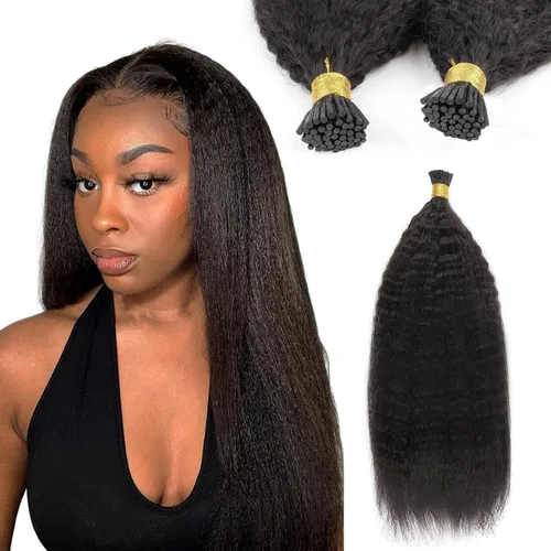 ABH AMAZINGBEAUTY HAIR Extensiones de cabello rizado liso para mujeres negras con punta en I, cabello humano, punta en I, Remy, 50 mechones, punta