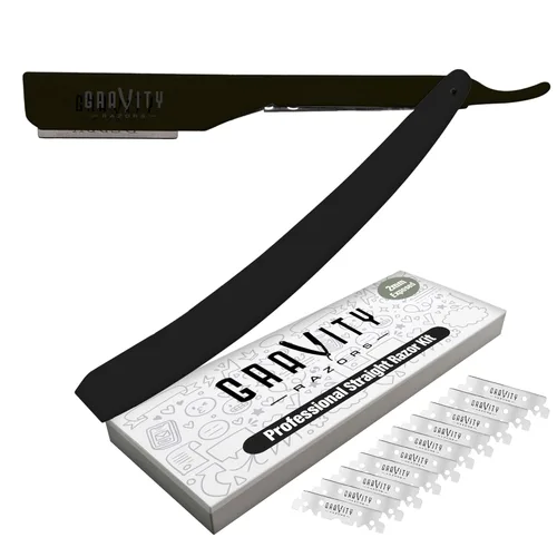 Miniatura 16 de Kit de cuchilla de afeitar recta profesional GRAVITY RAZORS – Ultra Exposición, incluye 10 cuchillas premium, 2mm expuestas, color oro y negro Dorado