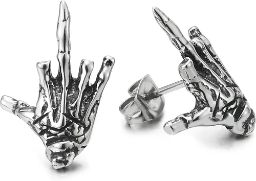 Aretes de acero inoxidable vintage para hombre y mujer, diseño de esqueleto de mano, con rosca trasera, gótico punk rock, Acero inoxidable Metal