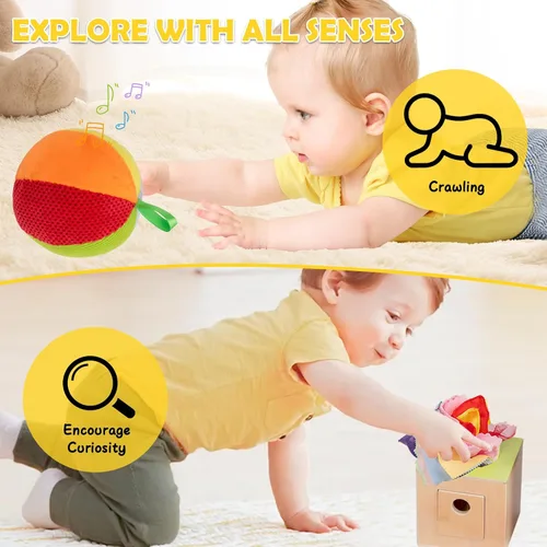 Miniatura 7 de Juguetes Montessori 8 en 1 para bebés de 0 a 6 meses, tarjeta blanca y negra para recién nacidos, sonajero Rainmaker para bebés, caja de pañuelos
