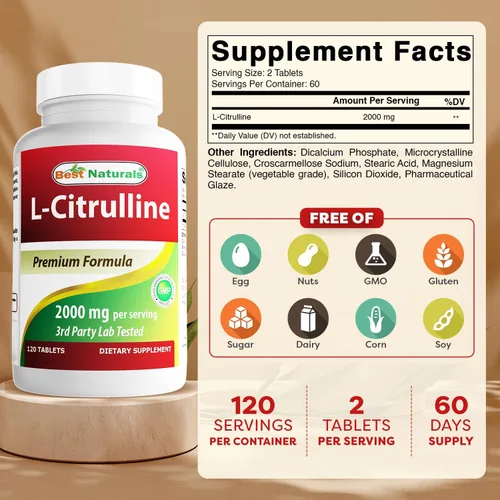 Miniatura 2 de Best Naturals L-Citrulina 2000 mg/porción - Sin OMG - Sin gluten - 120 tabletas (120 unidades (paquete de 1))