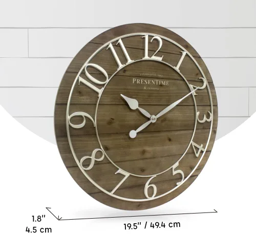 Miniatura 7 de Presentime & Co - Reloj vintage de granja Shiplap de 19.5 pulgadas, números arábigos plateados con estilo Shiplap de madera de pino desgastado.