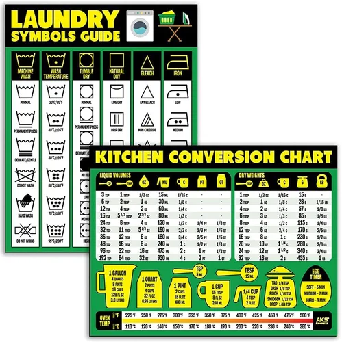 Guía de símbolos de lavandería y tabla de conversión de cocina, paquete combinado de imanes – Extra grande fácil de leer 11 x 8.5 pulgadas, hojas de
