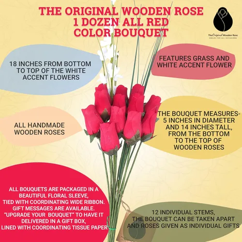 Miniatura 3 de Ramos originales de rosas de madera en 1, 2, o 3 docenas, Madera de abedul, Todo rojo, 1 Docena