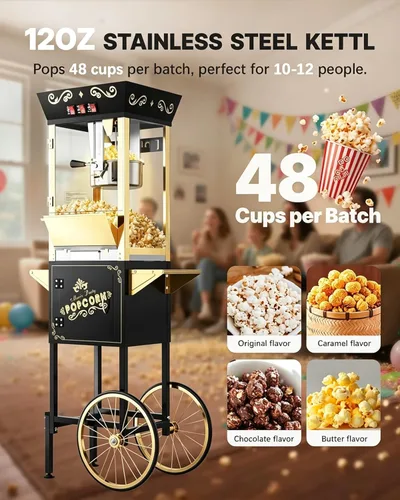 Miniatura 3 de Carrito de máquina de palomitas mejorado de 12 oz, máquina para hacer palomitas de maíz con hervidor de acero inoxidable que hace hasta 48 tazas