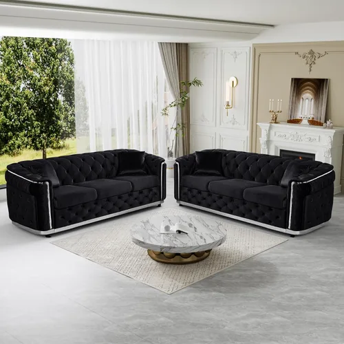 Miniatura 24 de DAMAIFROM Juego de sofá de terciopelo de lujo beige y dorado, moderno de mediados de siglo, sofás Chesterfield copetudos y patas doradas, juego de 2