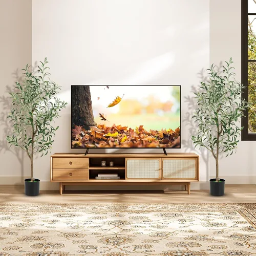 Miniatura 8 de Goplus Árbol de olivo artificial de 4.5 pies, árbol de seda alto en maceta con frutas realistas, plantas de vegetación sintética